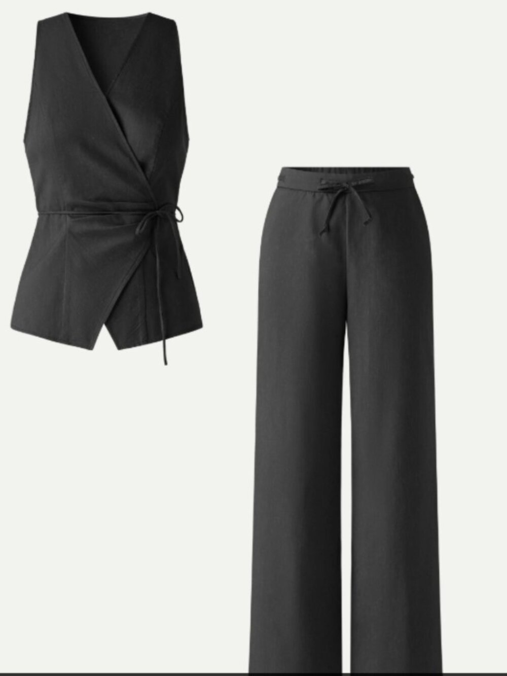 2Pcs Set Wrap Top with Self-Tie & Drawstring Wide Leg Pant with Pockets - Black
